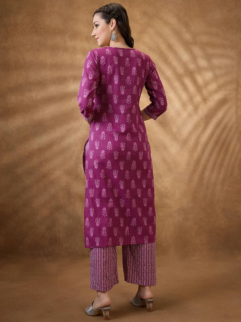globus Burgundy Globus Women Burgundy Keyhole Neck Floral Print Gotta Lace Straight Kurta & Wide Leg Pants Workwear Set for Women | Best Price UAE